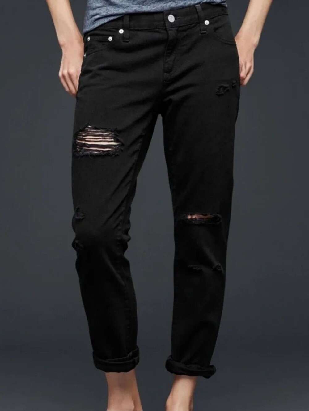 New GAP Black Distressed Girlfriend Boyfriend Jeans 34 Regular